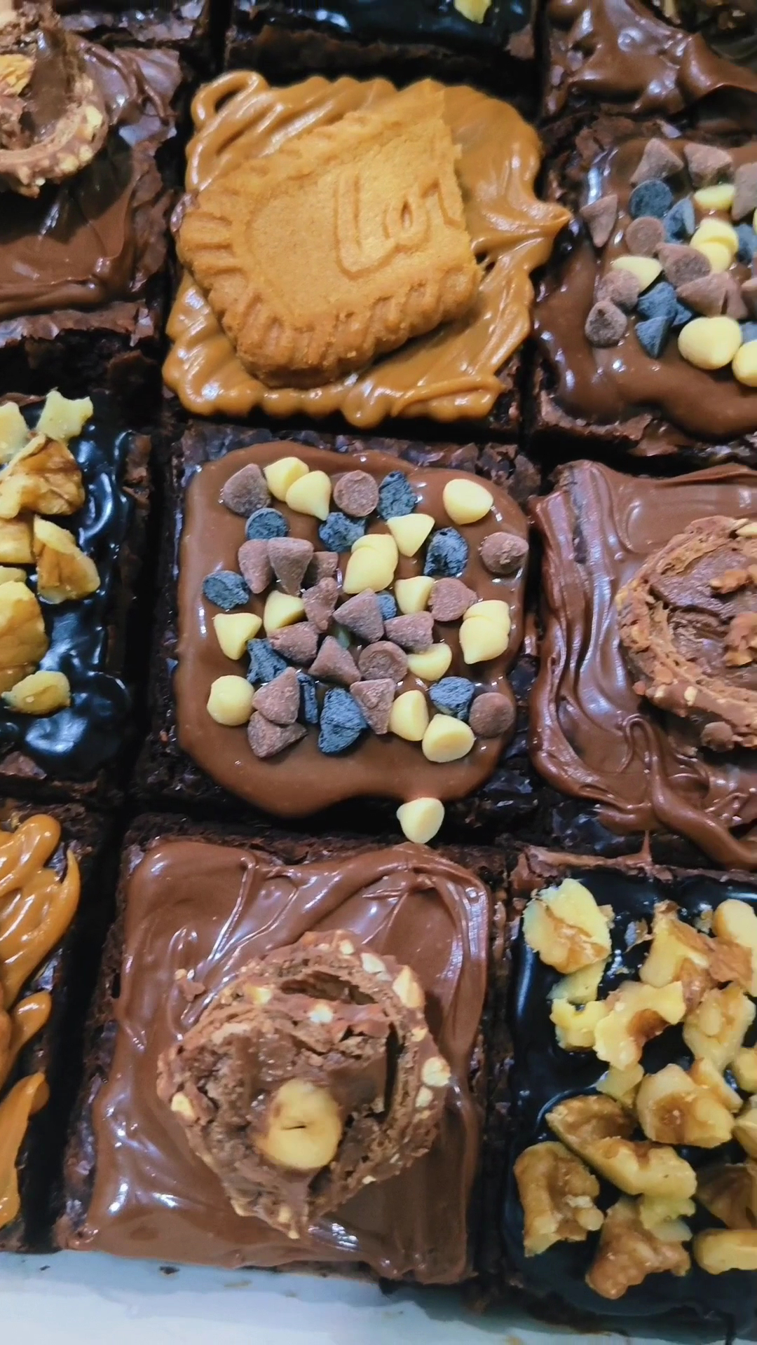 Tray of brownie squares topped with Biscoff, chocolates, chocolate chips, and walnuts